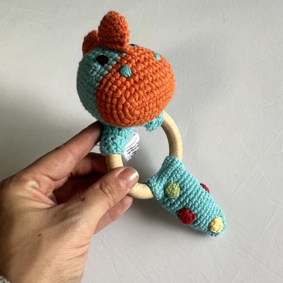 Pebble Hand Knit Turquoise Dinosaur Wooden Teething Ring w/ Rattle - Picture 2 of 10